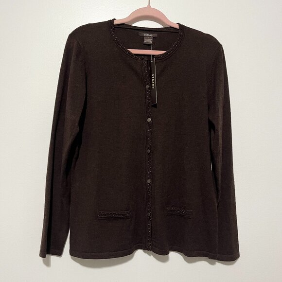 Strand Womens Merino Wool Blend Cardigan Sz M Brown Beaded Quiet Luxury Capsule - Picture 1 of 6